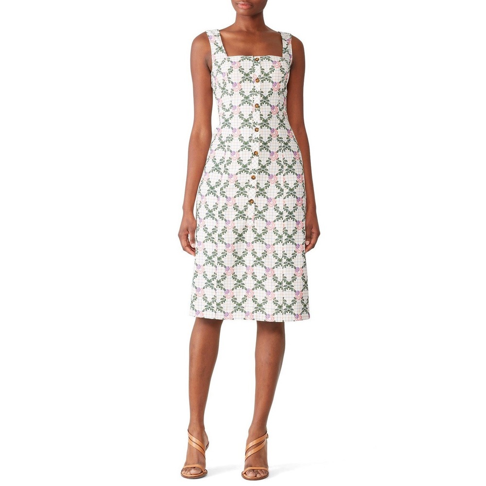 THE EAST ORDER Midi Dress LARGE Tarshie White Floral Plaid‎ Sleeveless Button